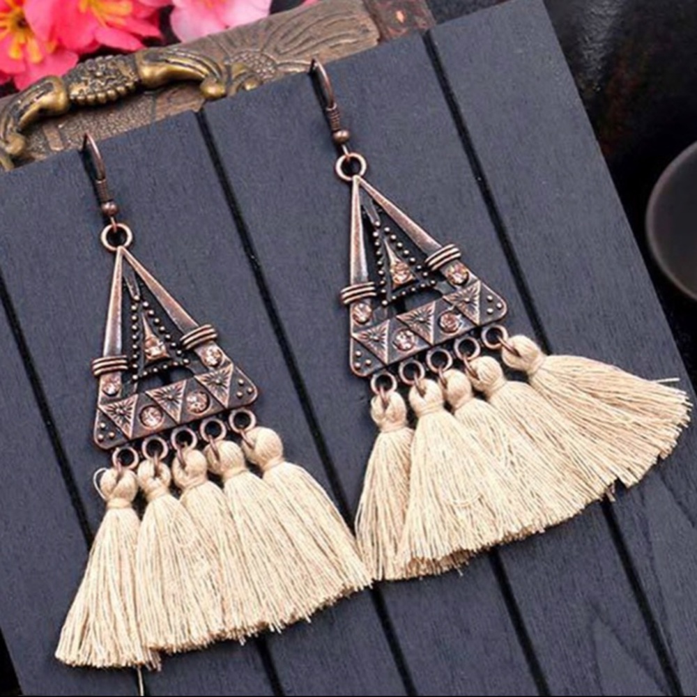 Triangle Bronze Earring Ivory Tassels